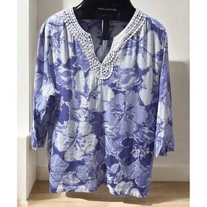 ALFRED DUNNER Purple White Floral Lace Embellished 3/4 Sleeve Shirt Top Tee 18